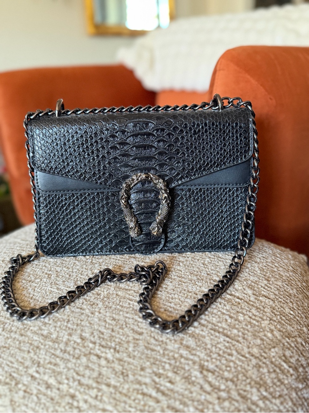Black Textured Chain Shoulder Bag with Metal Horsebit Accent
